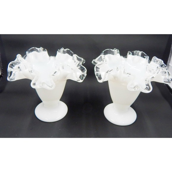 Fenton Milk Glass Silver Crest Ruffled Edge Footed Trumpet Vase 4 Inch Pair - Picture 1 of 10